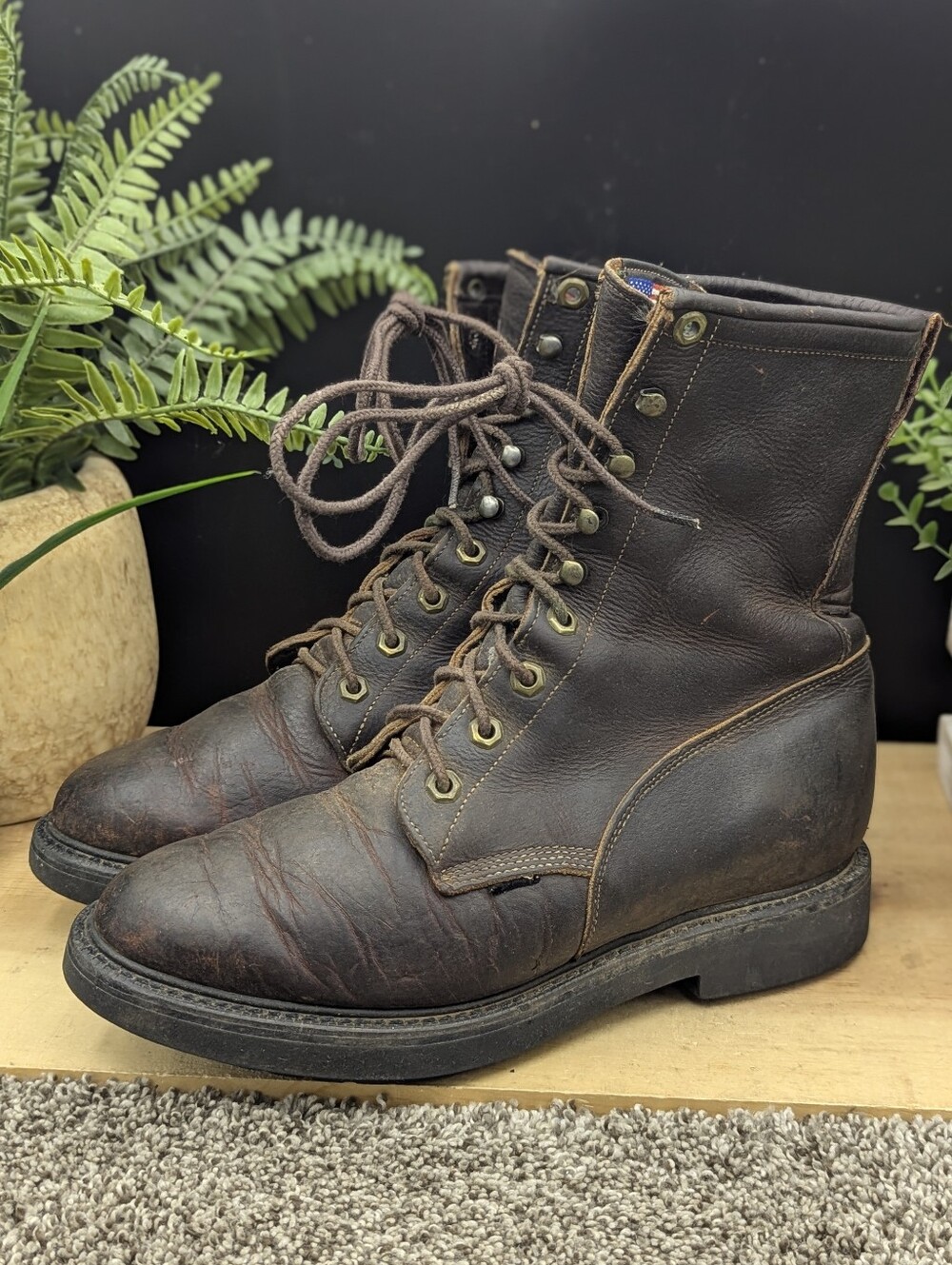 Vintage Justin 761 Leather Lace Up Mens Size 7.5D Made In USA Work Boots